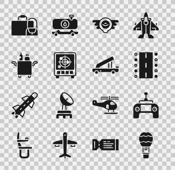 Set Hot air balloon, Drone remote control, Airport runway, Aviation emblem, Radar with targets monitor, Trolley for food, Suitcase and Passenger ladder icon. Vector — Stock vektor