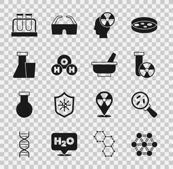 Set Molecule, Microorganismos bajo lupa, Radiación de probeta, Cabeza y símbolo, Fórmula química para H2O, matraz e icono de mortero. Vector — Archivo Imágenes Vectoriales