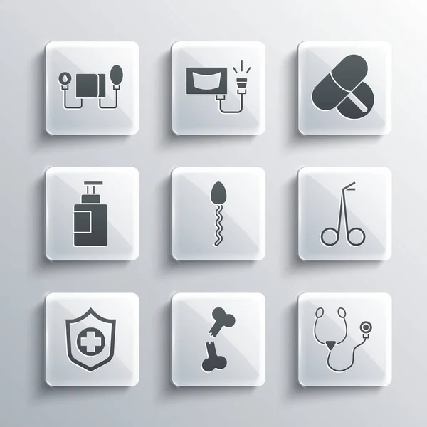 Set Human broken bone, Stethoscope, Medical scissors, Sperm, Life insurance in hand, Hand sanitizer bottle, Blood pressure and Medicine pill tablet icon. Vector — Stockový vektor