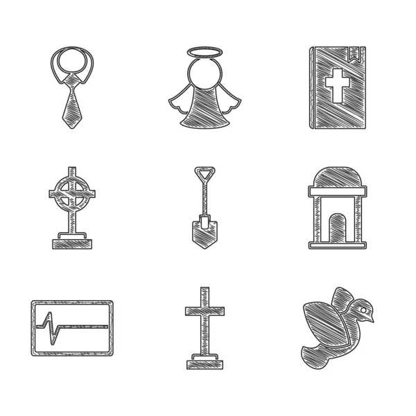 Set Pala, Tumba con cruz, Paloma, Cripta antigua, Golpeado muerto en monitor, Libro de la Sagrada Biblia y Tie icono. Vector — Archivo Imágenes Vectoriales