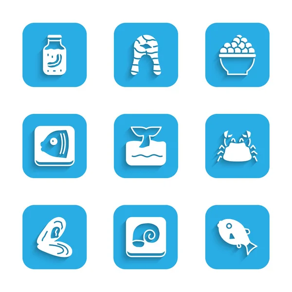 Set Whale tail in ocean wave, Octopus on plate, Tropical fish, Crab, Mussel, Fish head, Caviar and Sea cucumber jar icon. Vector — Vetor de Stock