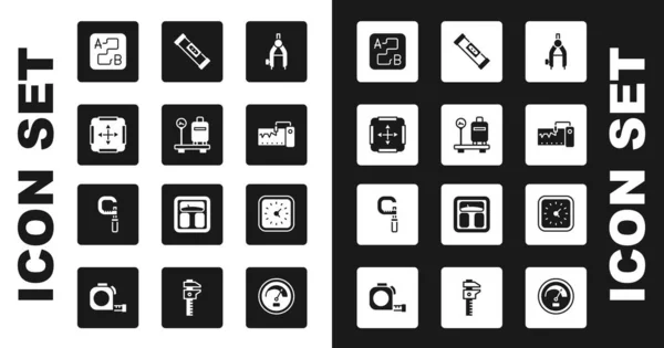 Set Drawing compass, Scale with suitcase, Area measurement, Route location, Measuring instrument, Construction bubble level, Clock and Micrometer icon. Vector — Image vectorielle