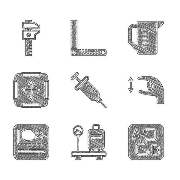 Conjunto de jeringa, escala con maleta, ubicación de ruta, medidas aproximadas, área, taza de medición y pinza o pinza e icono de escala. Vector — Archivo Imágenes Vectoriales