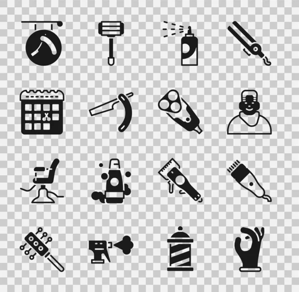 Set Medical rubber gloves, Electrical hair clipper, Client in barbershop, Spray can for hairspray, Straight razor, Calendar with haircut day, Barbershop and blade icon. Vector — Stock Vector
