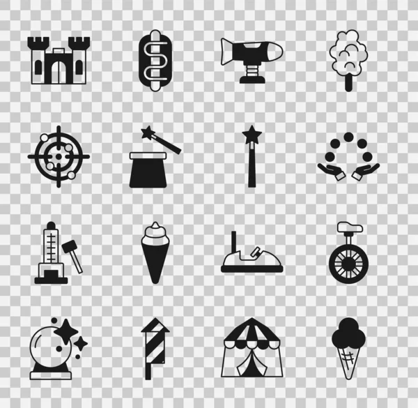 Set Ice cream in waffle cone, Unicycle or wheel bicycle, Juggling ball, Swing plane, Magic hat and wand, Target sport, Castle and icon. Vector — Image vectorielle