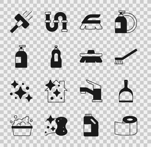 Set Toilettenpapierrolle, Kehrschaufel, Reinigungsbürste, Spülmittelflasche, Staubsauger und Symbol. Vektor — Stockvektor