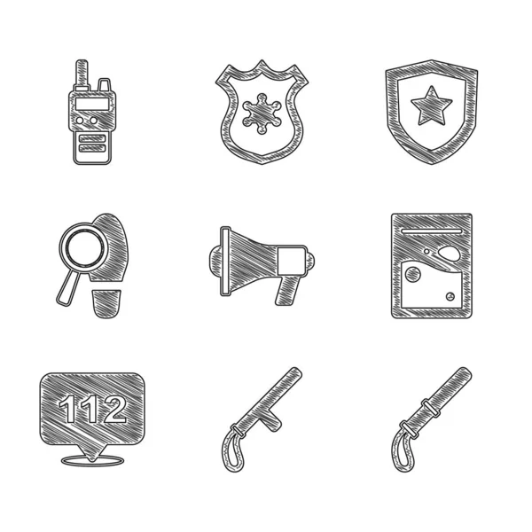 Set Megaphone, Police rubber baton, Plastic bag of drug, Telephone call 112, Footsteps, badge and Walkie talkie icon. Vector — Stock vektor