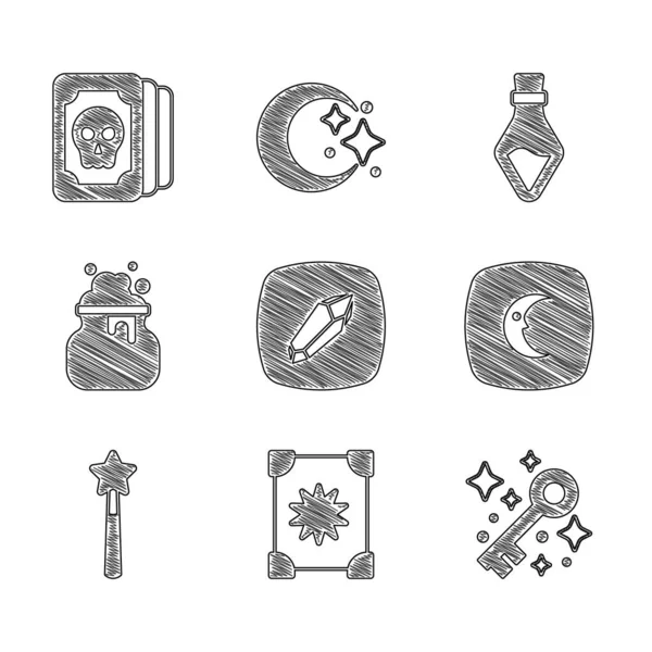 Set Magic stone, Ancient magic book, Old key, Moon and stars, wand, Witch cauldron, Bottle with potion and Tarot cards icon. Vector — Stockvector