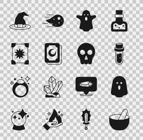 Set Witch cauldron, Ghost, Bottle with potion, Tarot cards, Ancient magic book, hat and Skull icon. Vector — Stockvektor