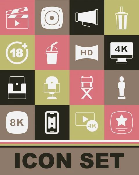 Set Walk of fame star, Movie trophy, Screen tv with 4k, Megaphone, Paper glass water, Plus 18 movie, clapper and Hd tape, frame icon. Vector — Vector de stock