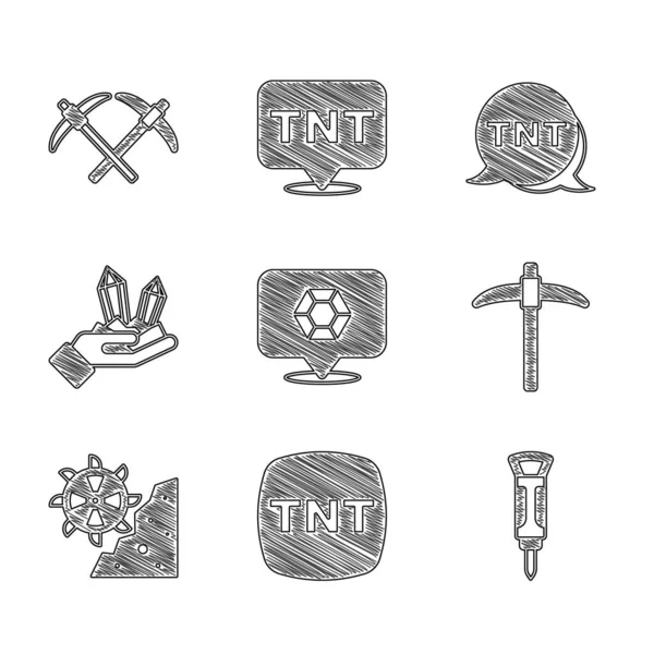 Set Gem stone, Dynamite, Construction jackhammer, Pickaxe, Bucket wheel excavator, and icon. Vector — Stockvektor