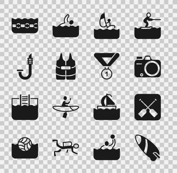 Set Surfboard, Paddle, Photo camera, Windsurfing, Life jacket, Snorkel, Swimming pool and Medal icon. Vector — Image vectorielle