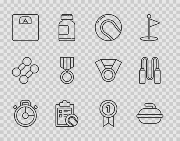 Set line Stopwatch, Stone for curling sport game, Baseball ball, Checklist clipboard and tennis, Bathroom scales, Medal, and Jump rope icon. Vector — Stock vektor