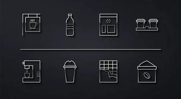 Straßenschilder Kaffee, Kaffeemaschine, Tasse to go, Schokoriegel, Milchshake, Flaschenwasser, Bohnen und Symbol. Vektor — Stockvektor