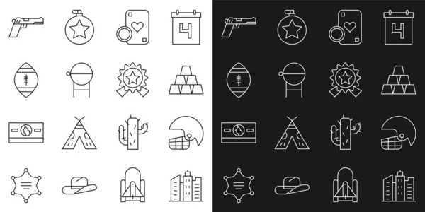 Set line City landscape, American football helmet, Gold bars, Casino chip playing cards, Barbecue grill, Football, Pistol or gun and Medal with star icon. Vector — Wektor stockowy