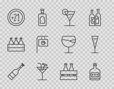 Set line Opened bottle of wine, Alcohol drink Rum, Martini glass, Cocktail, 21 plus, Street signboard with Bar, Pack beer bottles and Glass champagne icon. Vector