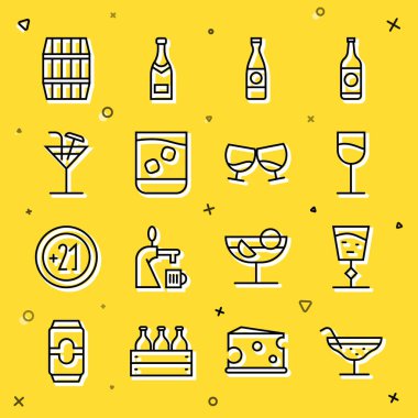 Set line Cocktail, Wine glass, Beer bottle, Glass of whiskey, Wooden barrel and cognac or brandy icon. Vector