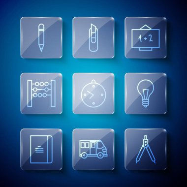 Set line Spiral notebook, School Bus, Drawing compass, Chalkboard, Clock, Abacus, Pencil with eraser and Light bulb concept of idea icon. Vector