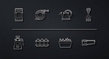 Set line Fertilizer bag, Garden sprayer for fertilizer, rake, Fresh grass in rectangular, fence wooden, hose fire hose, Hand saw and Watering can icon. Vector