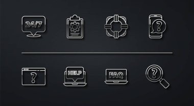 Set line Clock 24 hours, Browser with question mark, Mobile phone, Laptop and FAQ, help, Checklist service, Unknown search and Lifebuoy icon. Vector