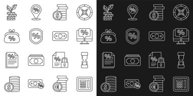 Set line Safe, Old hourglass, Percent discount and monitor, Coin money with dollar, Loan percent, Purse, Dollar plant and Stacks paper cash icon. Vector