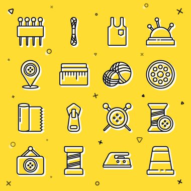 Set line Thimble for sewing, Sewing thread and button, Sleeveless T-shirt, Tape measure, Location tailor shop, Needle and Yarn ball icon. Vector