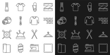Set line Leather, Hanger wardrobe, Adjustable embroidery hoop, Safety pin, Yarn, ball, Zipper and Sweater icon. Vector