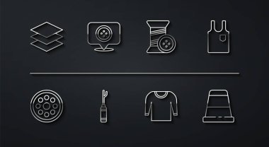 Set line Layers clothing textile, Sewing button, Sleeveless T-shirt, Sweater, Awl tool, Location tailor shop, Thimble for sewing and thread and icon. Vector