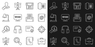 Set line Briefcase, Head hunting concept, Address book, Calendar, Location with text work, Table lamp, Hand for search people and Printer icon. Vector