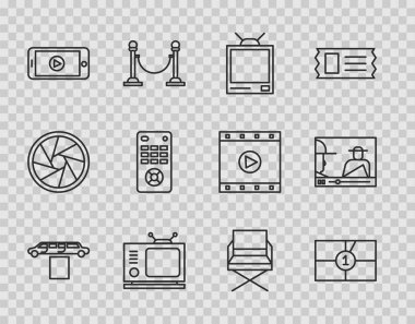Set line Limousine car and carpet, Old film movie countdown frame, Retro tv, Online play video, Remote control, Director chair and icon. Vector