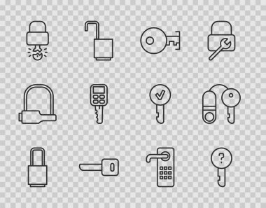 Set line Lock, Undefined key, Key, broke inside of padlock, Car with remote, Digital door and House icon. Vector