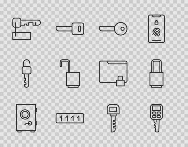 Set line Safe, Car key with remote, Key, Password protection, Marked, Open padlock, and Lock icon. Vector