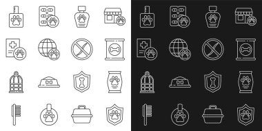 Set line Animal health insurance, Bag of food, Canned, Pet shampoo, World pet, Clinical record, and Anti worms parasite icon. Vector