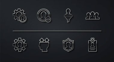 Set line Head hunting, Human with gear, Users group, protection, of, Create account screen, Identification badge and icon. Vector