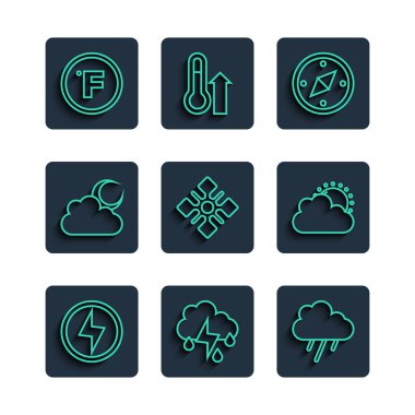 Set line Lightning bolt, Cloud with rain and lightning, Compass, Snowflake, moon, Fahrenheit and Sun cloud weather icon. Vector