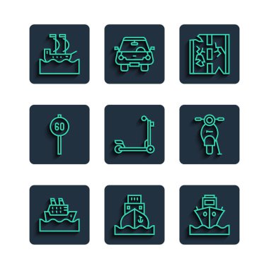 Set line Cruise ship, Cargo, Broken road, Scooter, Speed limit traffic, Sailboat and icon. Vector