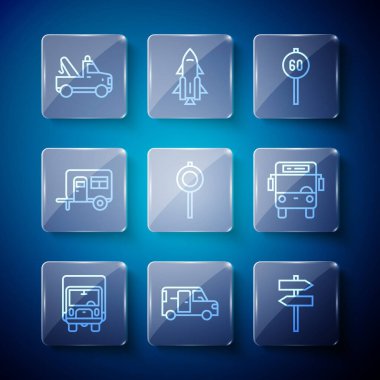 Set line Delivery cargo truck, Minibus, Road traffic signpost, Speed limit, Rv Camping trailer, Tow and Bus icon. Vector