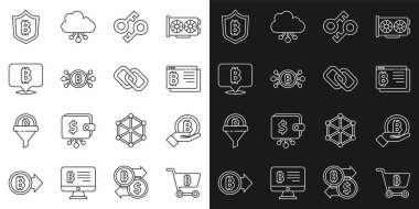 Set line Shopping cart with bitcoin, Hand holding Bitcoin, browser, Cryptocurrency key, circuit, Shield and Chain link icon. Vector