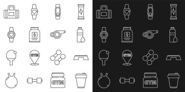 Set line Fitness shaker, Step platform, Smartwatch, Sports nutrition, bag and Whistle icon. Vector