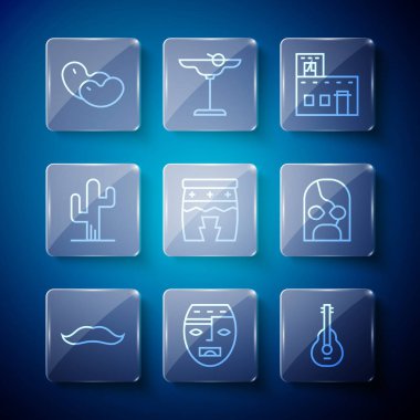 Set line Mustache, Aztec mask, Mexican guitar, house, Huehuetl, Cactus, Beans and wrestler icon. Vector