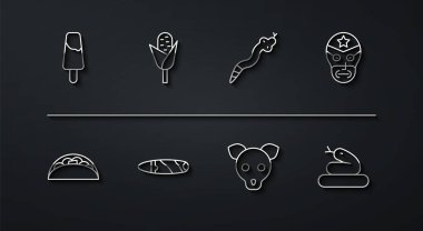 Set line Popsicle ice cream, Taco with tortilla, Mexican wrestler, Dog, Cigar, Corn, Snake and icon. Vector