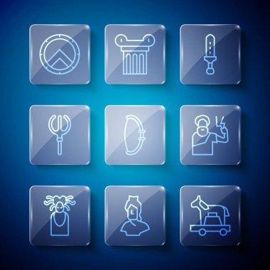 Set line Medusa Gorgon, Ancient bust sculpture, Trojan horse, Medieval sword, bow, Neptune Trident, Greek shield and Zeus icon. Vector