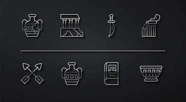 Set line Broken amphorae, Crossed arrows, ancient column, Greek history book, Ancient, Parthenon, bowl and Dagger icon. Vector