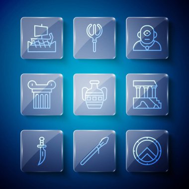 Set line Dagger, Medieval spear, Greek shield, Cyclops, Ancient amphorae, column, trireme and Parthenon icon. Vector