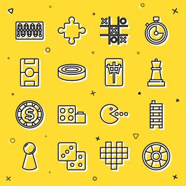 Set line Casino chip, Mahjong pieces, Chess, Tic tac toe game, Checker chips, Hockey table, Board and icon. Vector