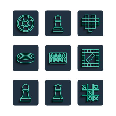 Set line Chess, Tic tac toe game, Pixel hearts for, Board, Checker chips, Casino and icon. Vector