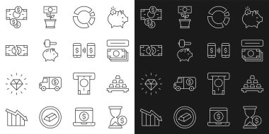 Set line Hourglass with dollar, Gold bars, ATM and money, Pie chart infographic, Piggy bank hammer, Tearing banknote, Stacks paper cash and Money payment transfer icon. Vector