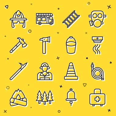 Set line First aid kit, Fire hose reel, Smoke alarm system, escape, Firefighter axe, helmet and bucket icon. Vector