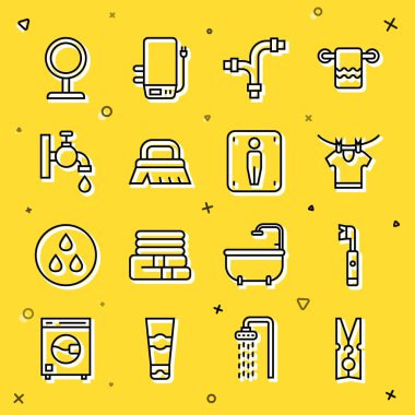 Set line Clothes pin, Electric toothbrush, Drying clothes, Industry metallic pipe, Brush for cleaning, Water tap, Round makeup mirror and Male toilet icon. Vector