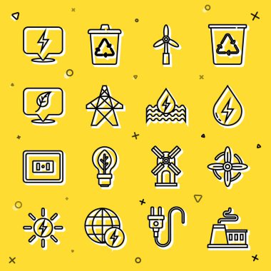 Set line Factory, Wind turbine, Water energy, Electric tower, Location with leaf, Lightning bolt and icon. Vector